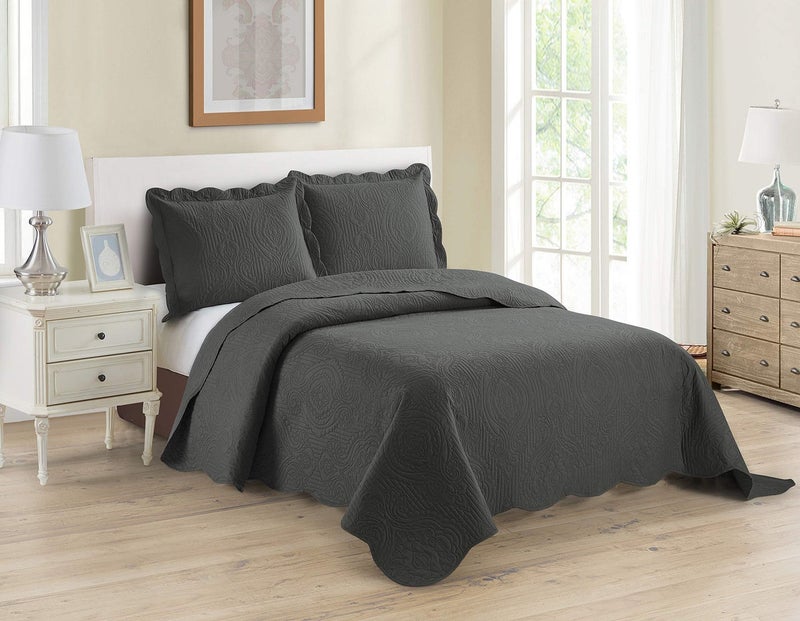 Home Collection 3pc Full/Queen Over Size Luxury Embossed Bedspread Set Light Weight Solid Charcoal New - Image 1